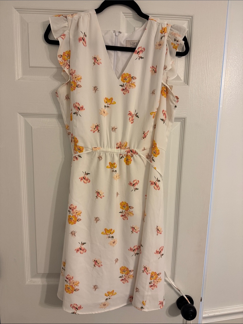 LOFT White Floral V-Neck Mini Dress with Yellow Pink Accents